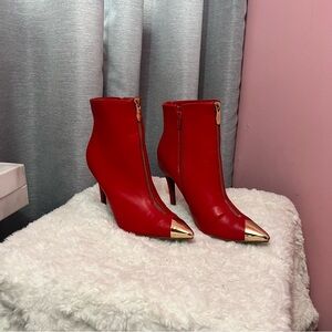 Red Leather Ankle Boots with Gold Toe Cap